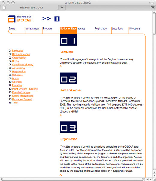Detail of Ariane’s Cup 2002 website